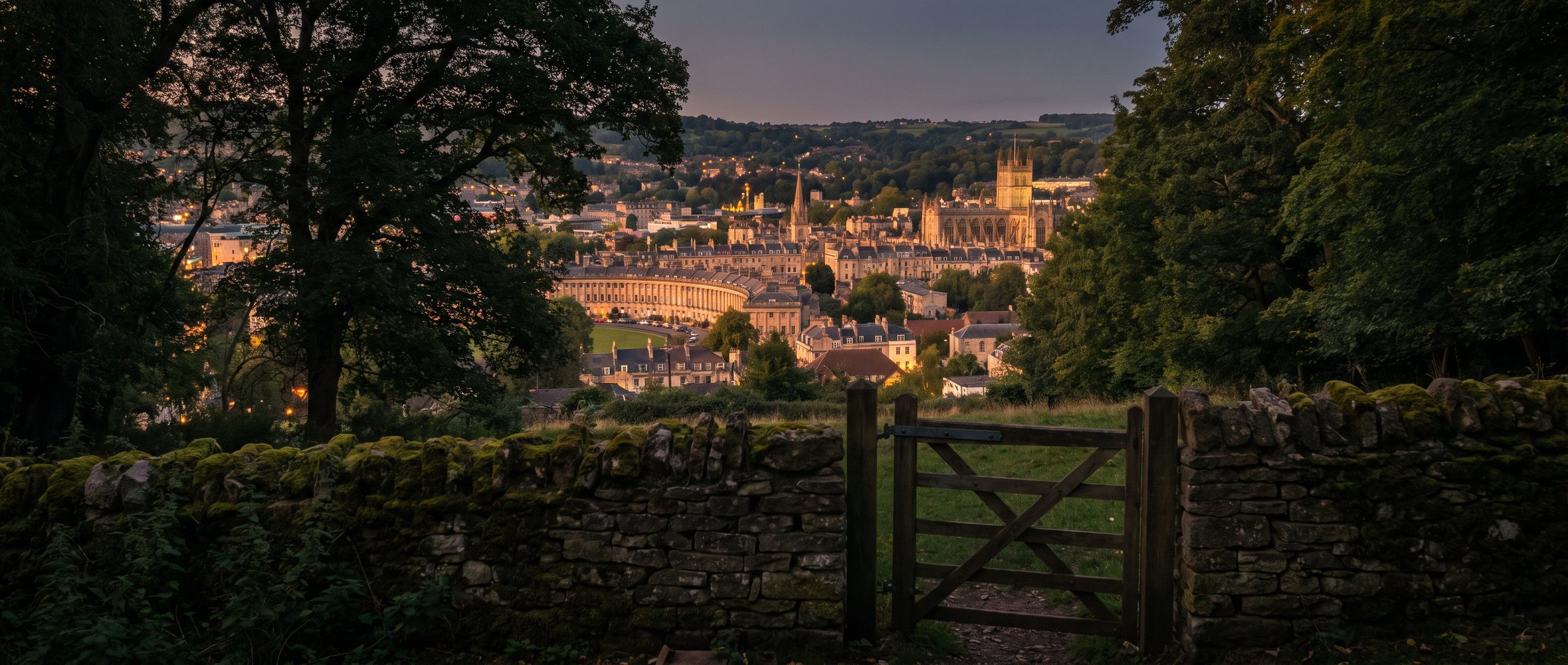 A gate at dusk on the edge of the estate