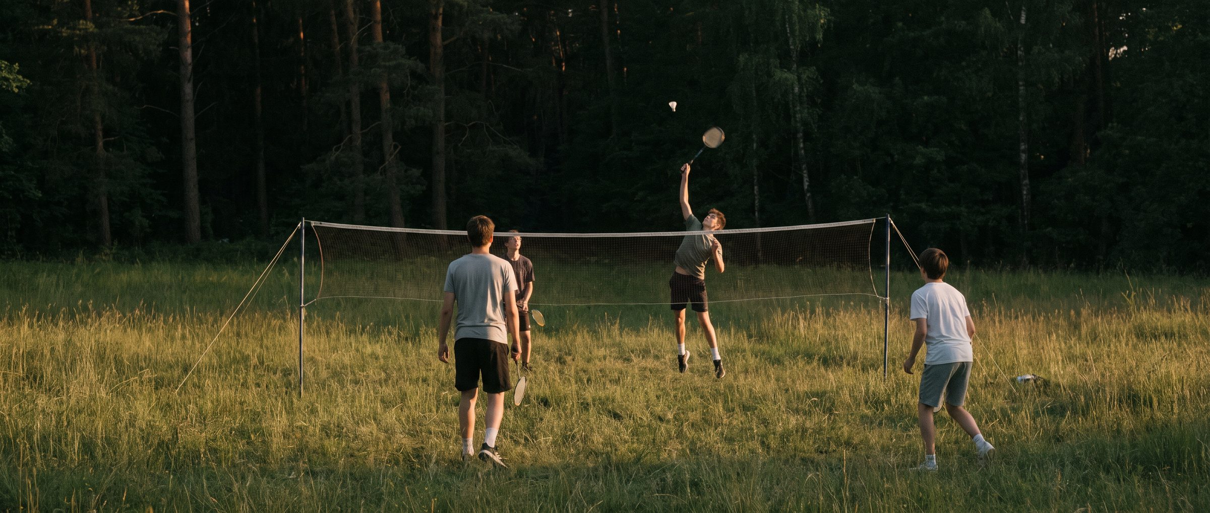 An open meadow at the edge of woodland with a portable net set up for a game