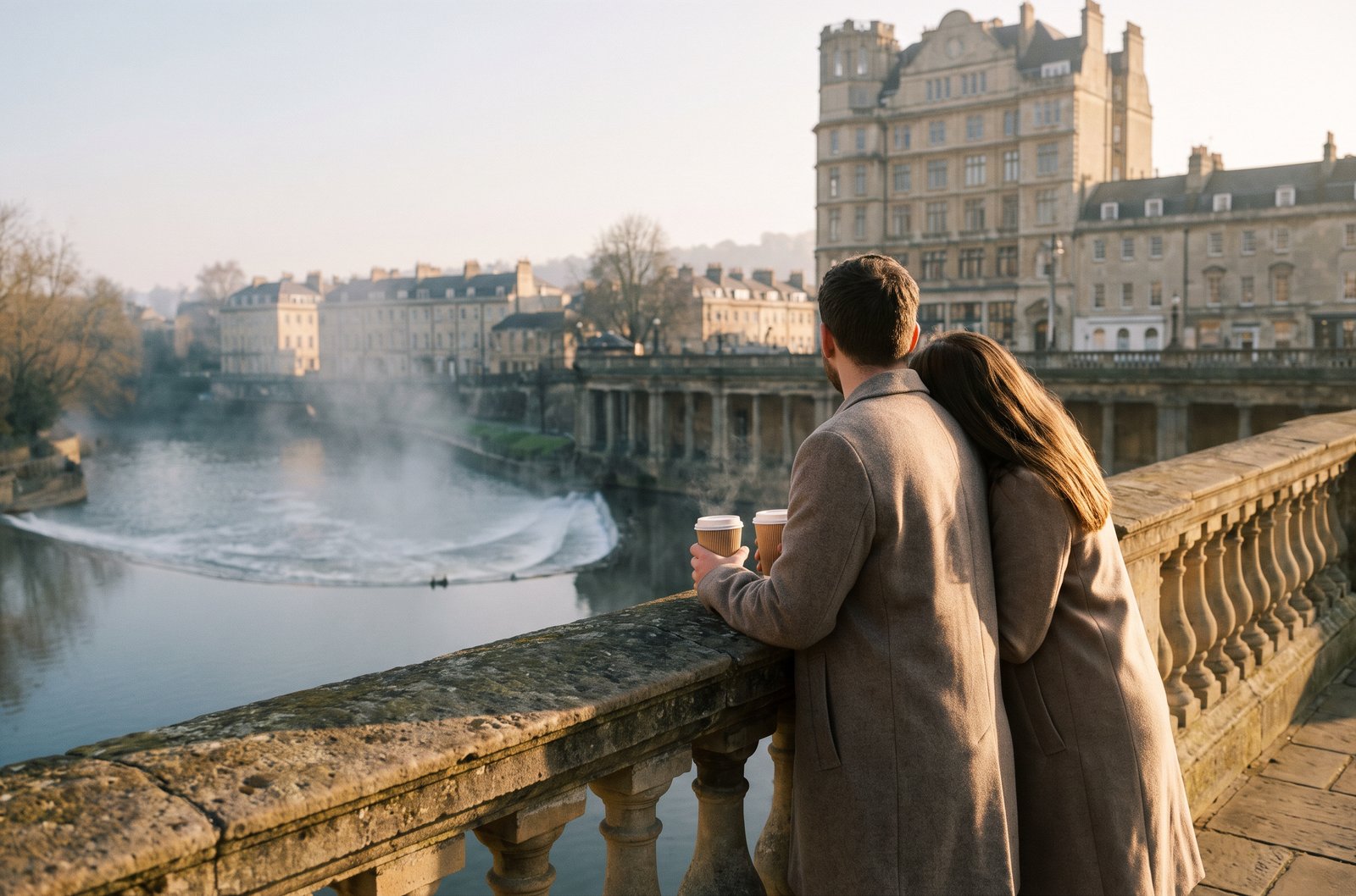A couple seen from behind on Pulteney Bridge at dawn, coffee in hand, the weir below